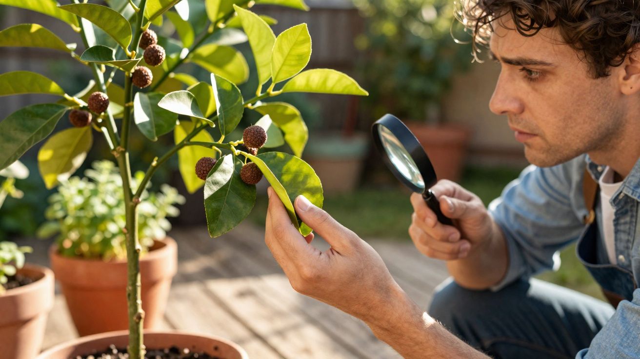 Homem a inspecionar folhas e frutos de planta num vaso com uma lupa ao ar livre.