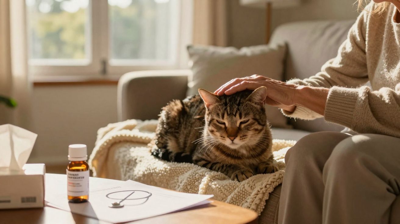 Pessoa a acariciar gato tigrado a descansar num sofá, com medicamentos e papéis numa mesa próxima.