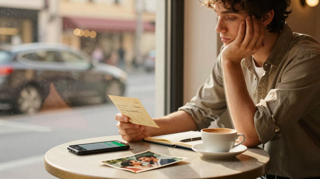 Homem sentado numa cafetaria, a ler uma carta, com fotografias, telemóvel e café na mesa diante da janela.