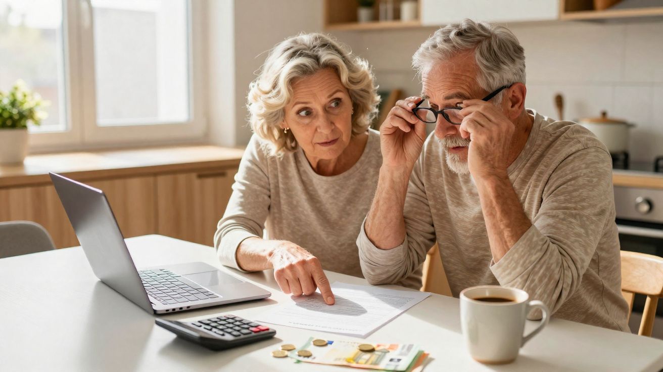 Casal sénior analisa contas em casa com laptop, calculadora, moedas e café na mesa da cozinha.