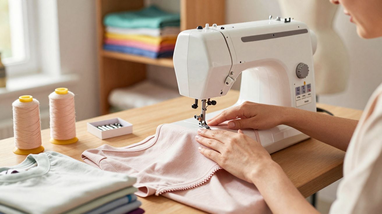 Pessoa a coser à máquina uma camisola cor-de-rosa numa mesa com tecidos e linhas organizados.
