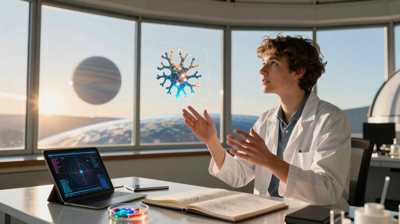 Jovem cientista num laboratório futurista interage com holograma de molécula, com visão planetária ao fundo.