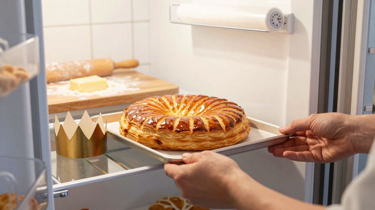 Pessoa a colocar bolo tradicional francês Galette des Rois na prateleira do frigorífico, com coroa dourada ao lado.