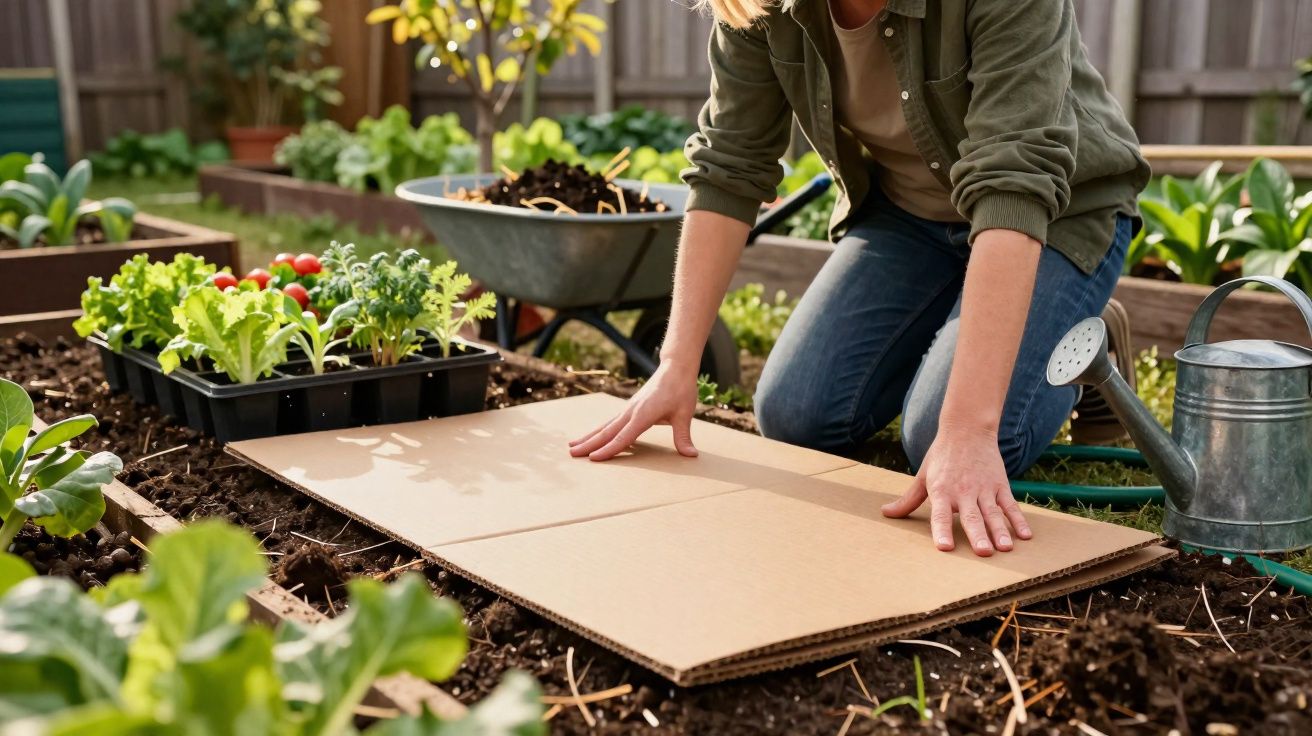 Pessoa a colocar cartão sobre terra num canteiro com muda de alfaces e regador ao lado.