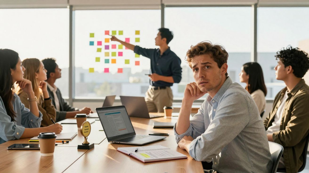 Grupo de pessoas numa reunião, com um homem a apresentar notas coloridas numa janela e outro a olhar para a câmara.