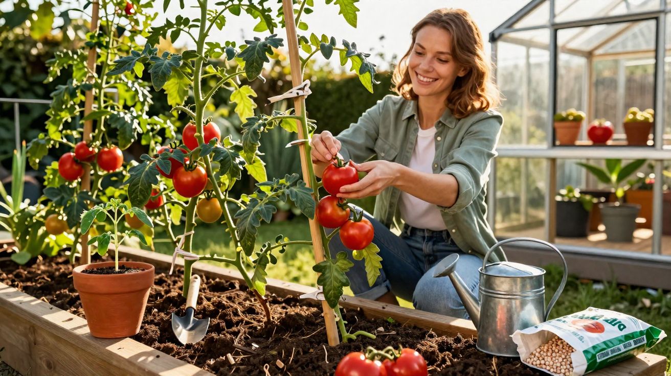 Mulher a colher tomates maduros numa horta caseira com regador e fertilizante ao lado.