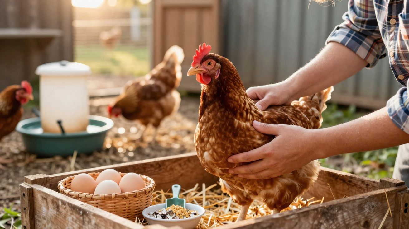 Pessoa a segurar galinha numa quinta com cesta de ovos e comida, durante o dia.