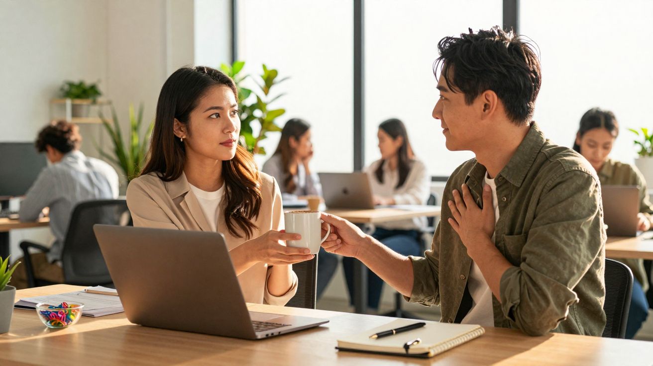 Colegas de trabalho numa reunião informal num escritório moderno, um entrega uma caneca ao outro.