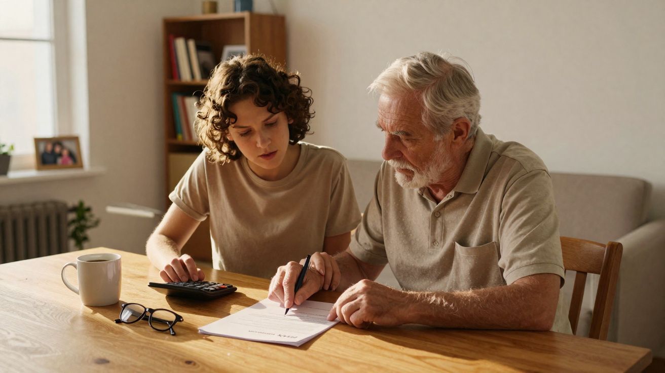 Jovem e idoso sentados à mesa com documentos e uma calculadora, a discutir e assinar papéis.
