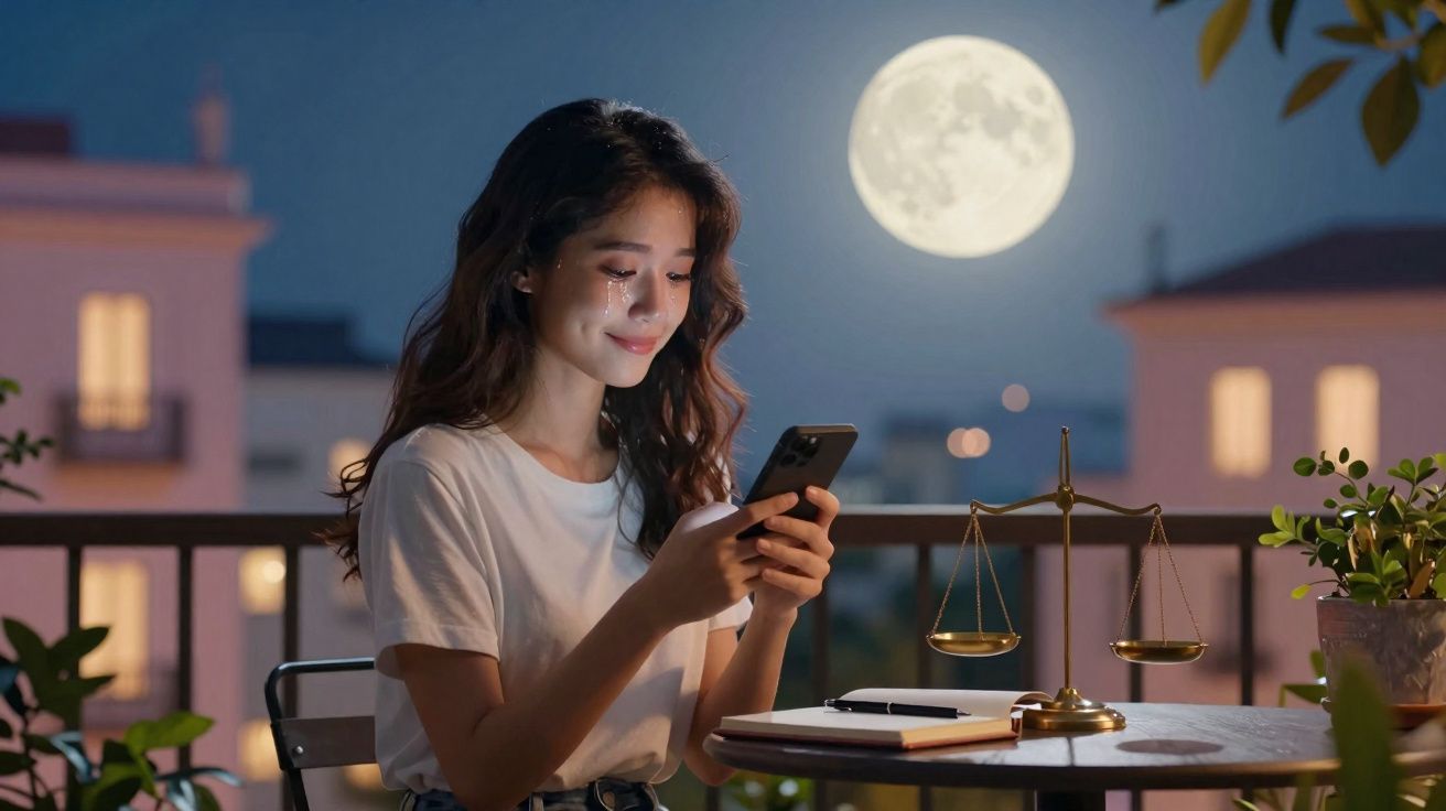 Jovem sentada numa varanda à noite, sorrindo enquanto usa o telemóvel, com a lua cheia ao fundo.