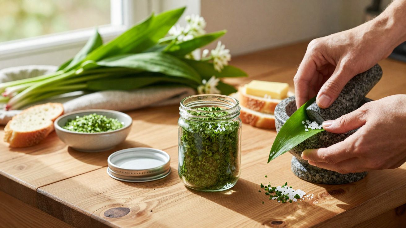 Mãos a preparar tempero com ervas frescas numa folha, com pão, manteiga e ervas sobre a mesa de madeira.