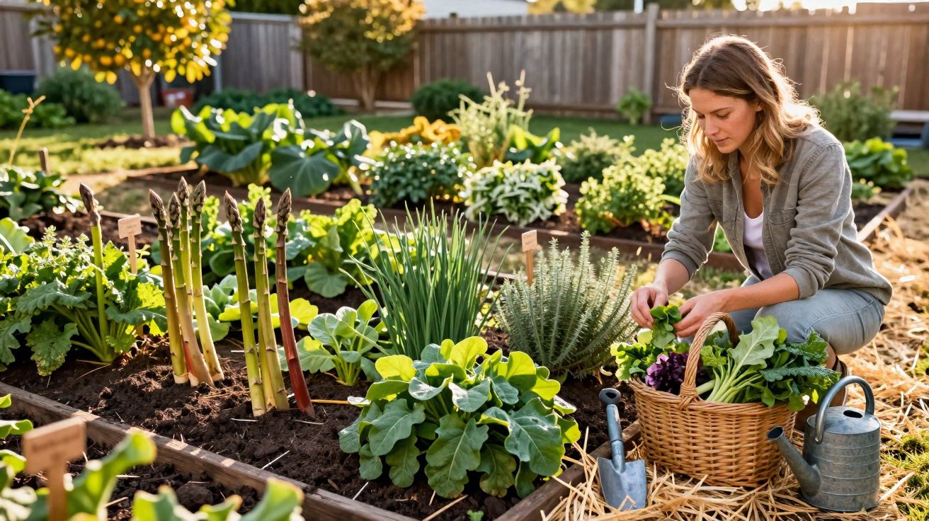Mulher a colher legumes frescos numa horta cultivada com cestos, regador e enxada num dia ensolarado.