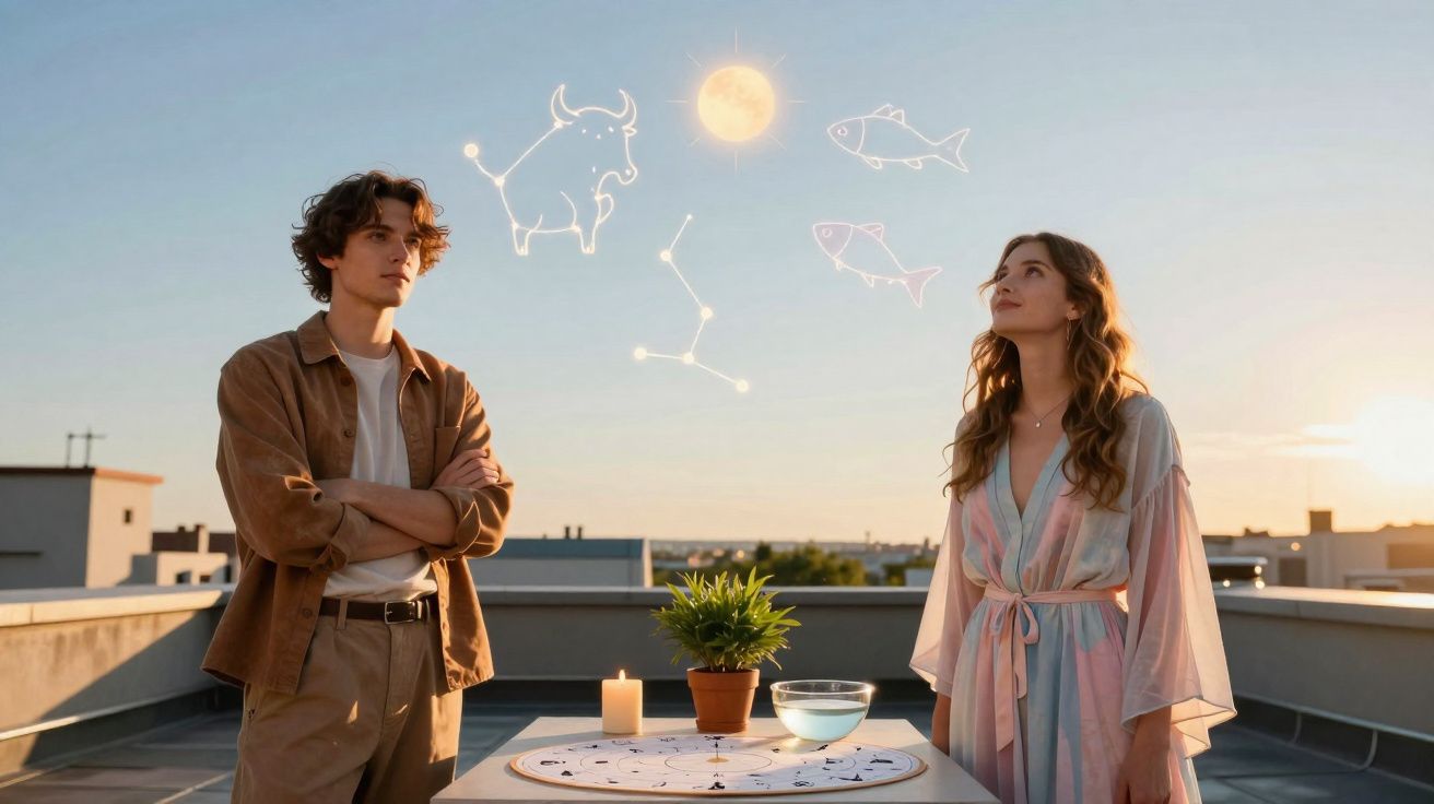 Jovem casal no terraço ao pôr do sol com símbolos de signos zodiacais projetados no céu.