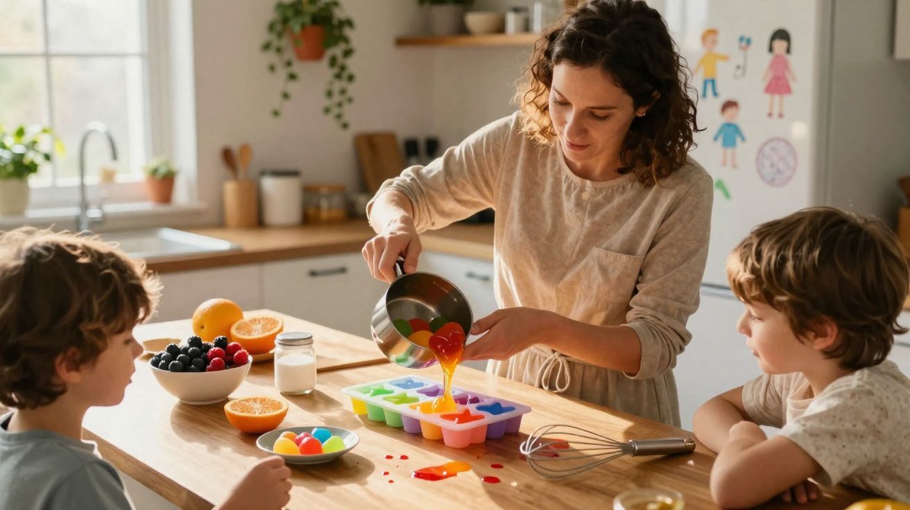 Mulher a fazer gelados coloridos em moldes de silicone com duas crianças numa cozinha iluminada.
