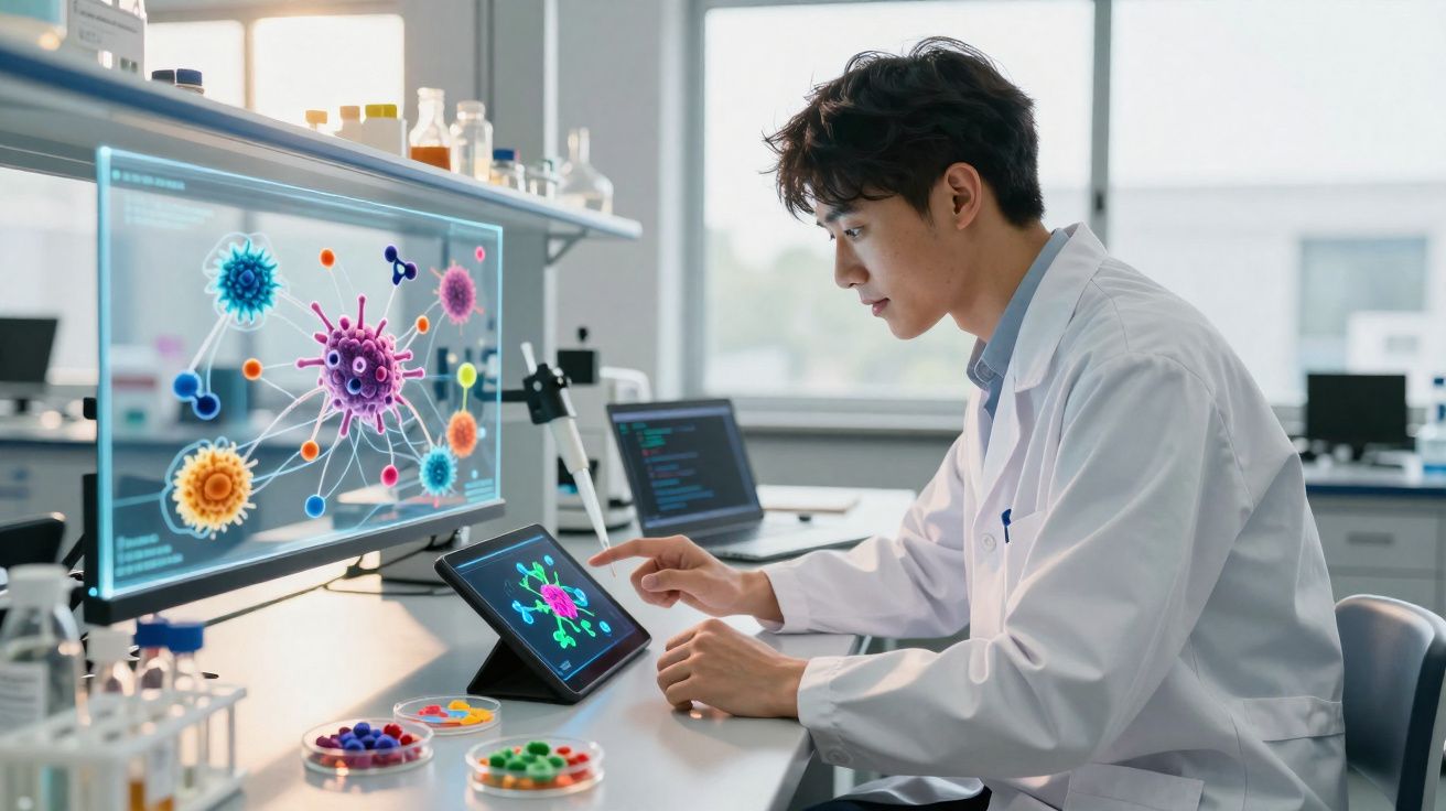 Cientista em laboratório a analisar modelos digitais de vírus numa tablet e no ecrã de um computador.