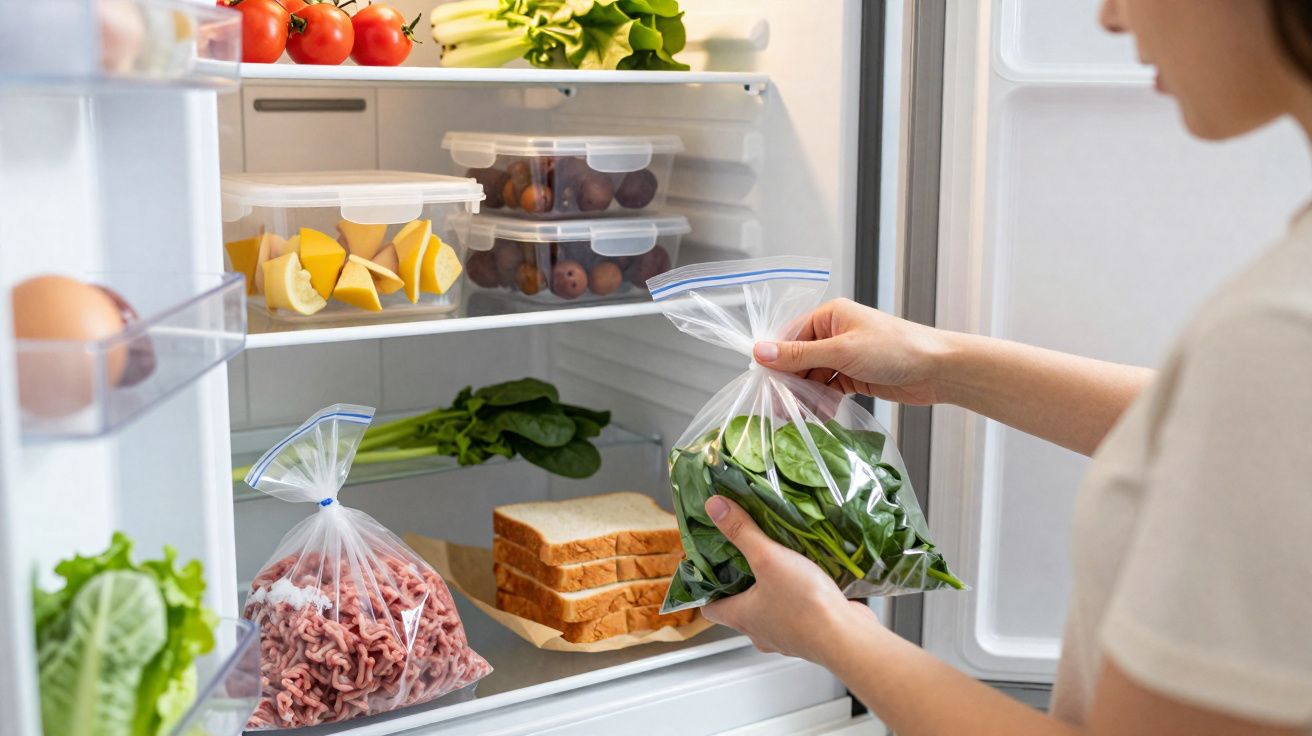 Pessoa a guardar folhas verdes num saco plástico dentro de um frigorífico com legumes e pão fatiado.