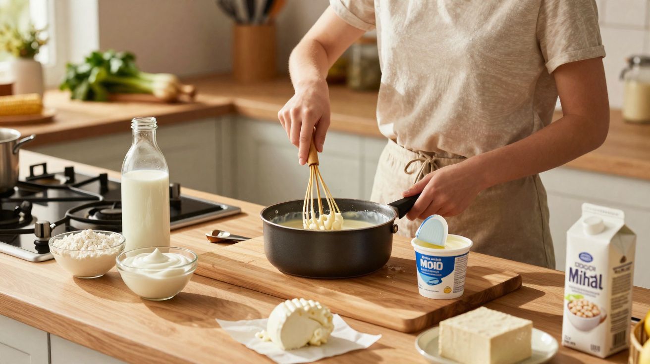 Pessoa a mexer creme numa panela numa cozinha com ingredientes lácteos sobre a bancada de madeira.