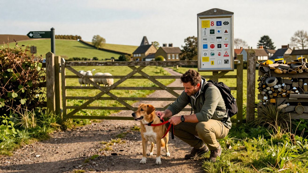 Homem com mochila preso trela de cão junto a portão de madeira em caminho rural com casas ao fundo.