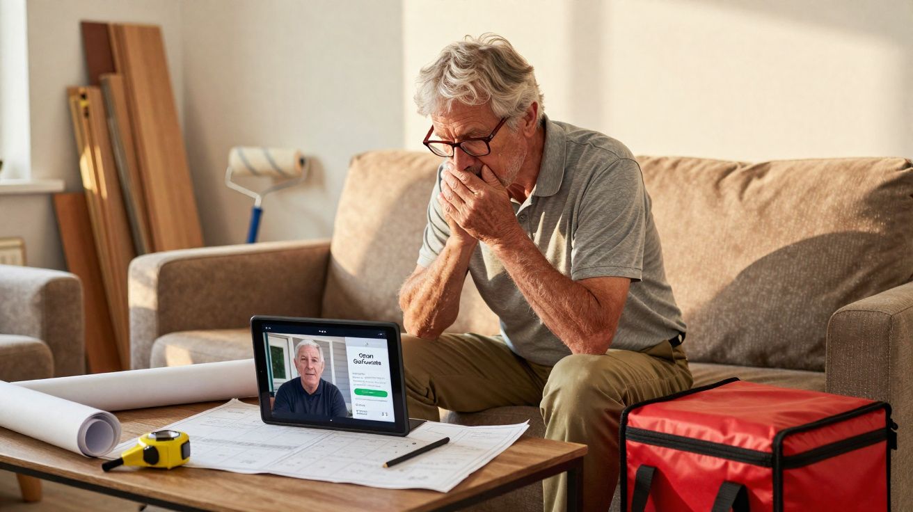 Homem idoso sentado no sofá faz videochamada em tablet, rodeado de plantas arquitetónicas e ferramentas.