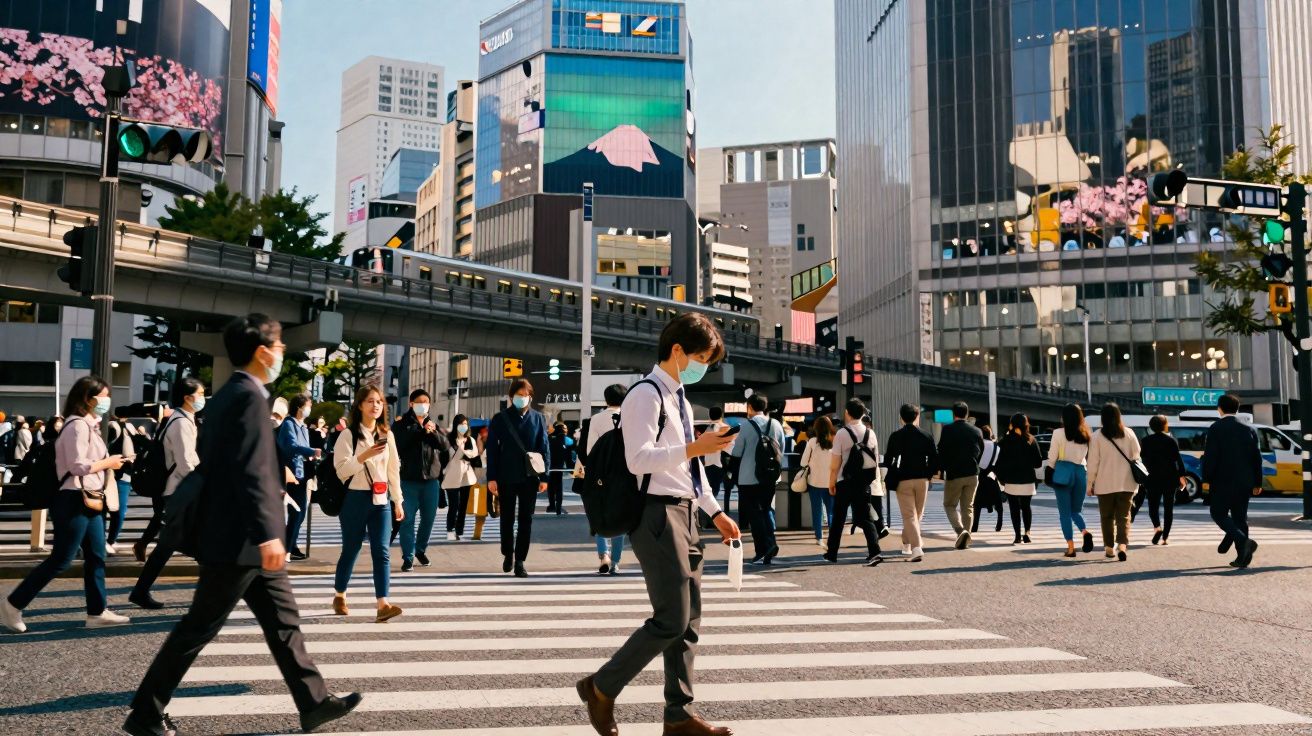 Multidão de pessoas com máscara a atravessar passadeira numa zona urbana com edifícios altos ao fundo.