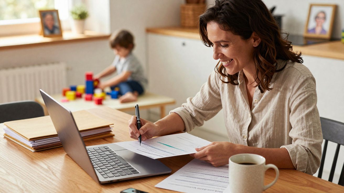 Mulher a trabalhar em casa com computador, papéis e criança a brincar ao fundo com blocos coloridos.
