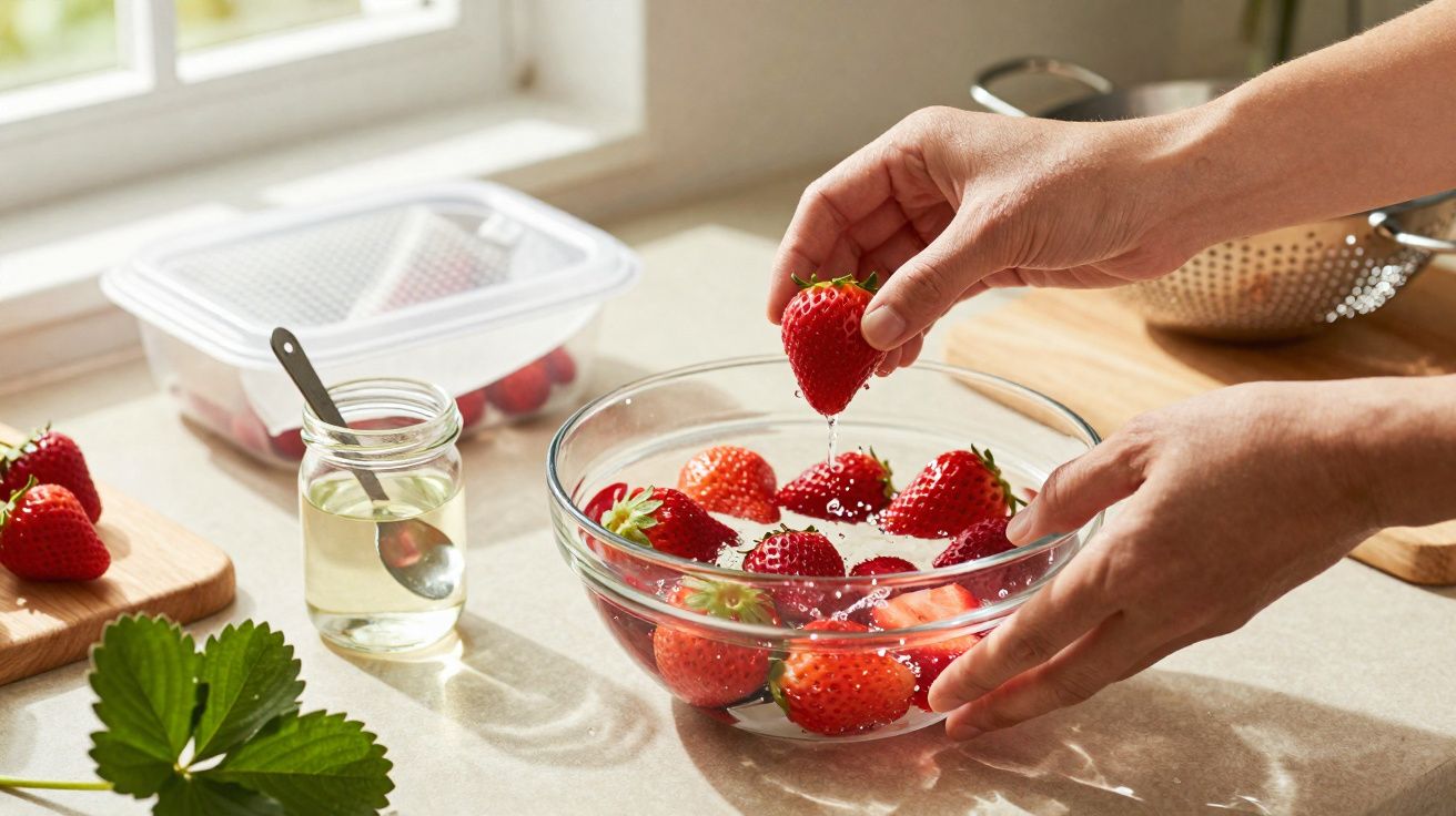 Mãos a lavar morangos numa tigela de vidro com água numa cozinha iluminada por luz natural.