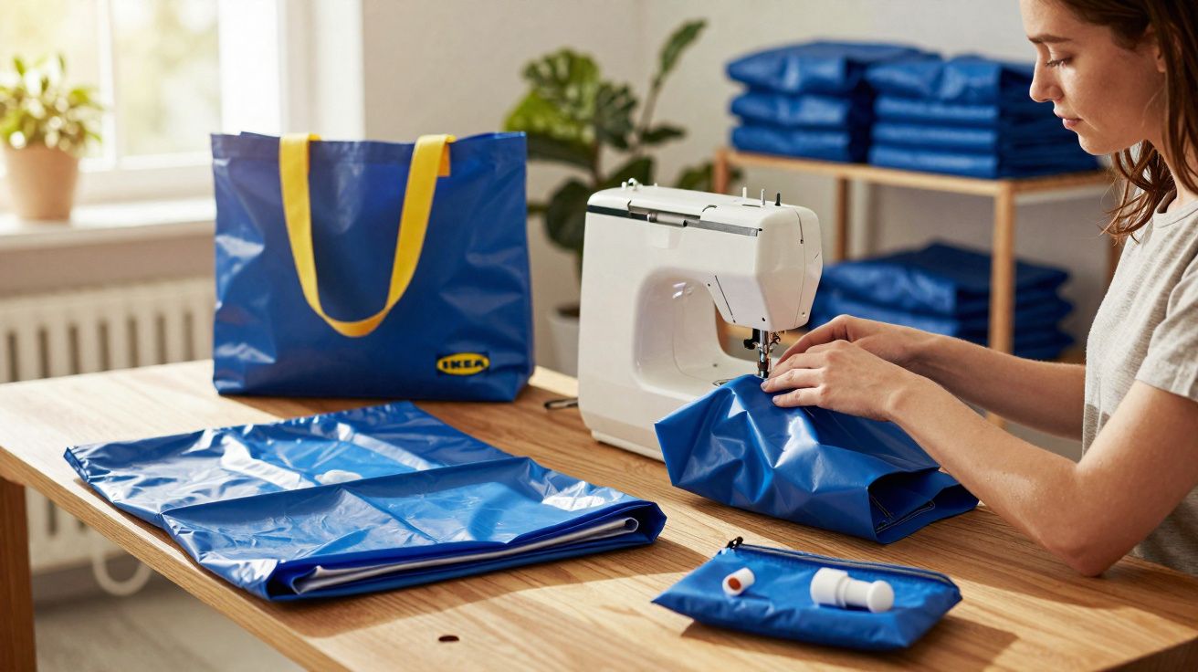 Mulher a coser saco azul da IKEA numa máquina de costura numa mesa com materiais e sacos na sala.