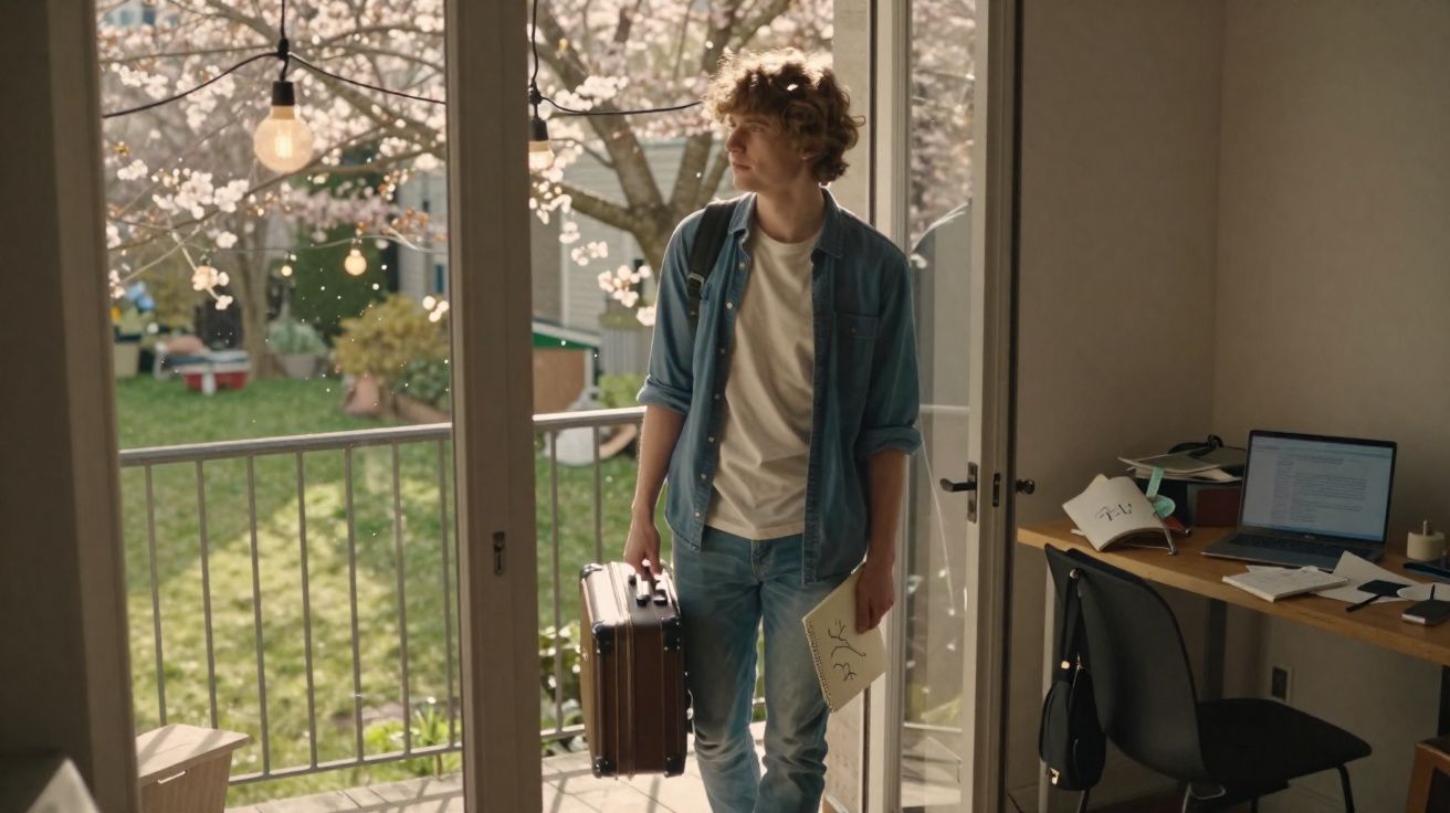 Jovem com mala e papel na mão a olhar para o exterior, numa varanda com árvores floridas ao fundo.