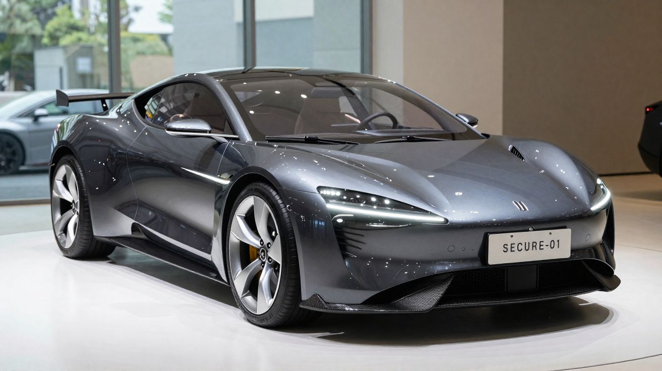 Carro desportivo cinzento metálico com design aerodinâmico, exposto em ambiente interior moderno.