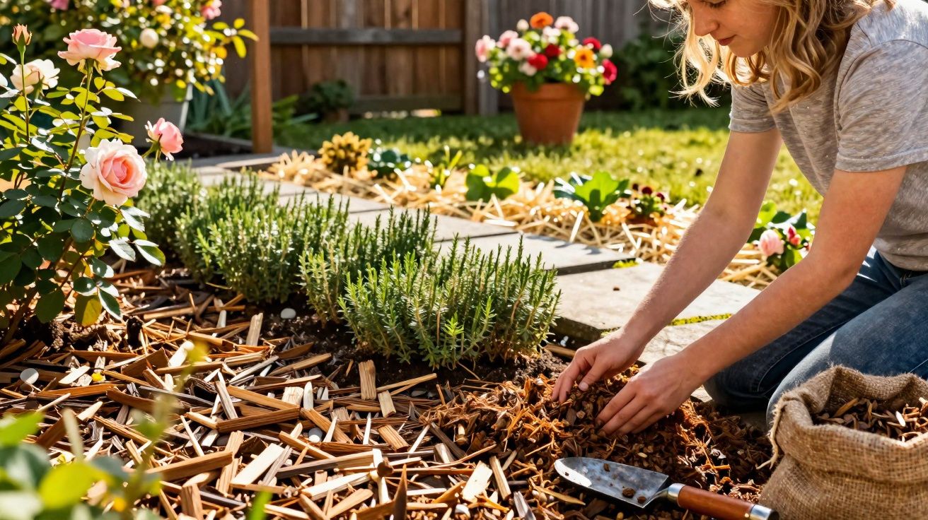 Mulher a cuidar de plantas num jardim com flores, terra e ferramentas de jardinagem ao redor.