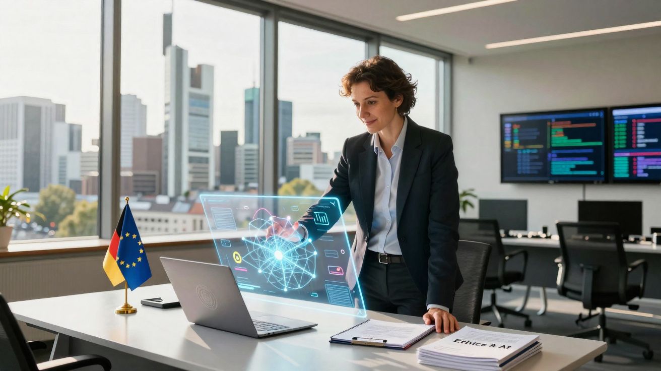 Mulher em escritório moderno interage com holograma digital de gráficos e dados ao lado de bandeiras da Alemanha e Europa.