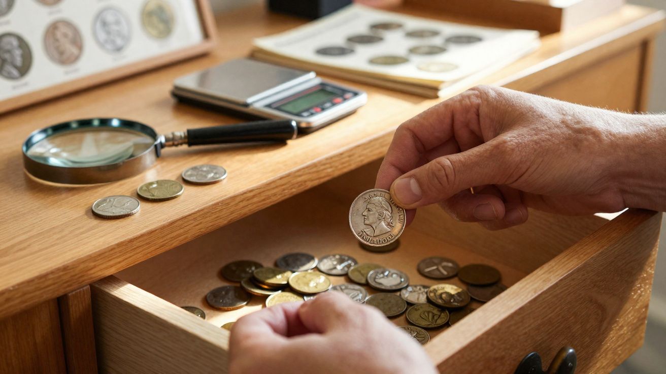 Mãos a segurar uma moeda antiga sobre uma gaveta aberta com várias moedas e uma lupa numa mesa de madeira.