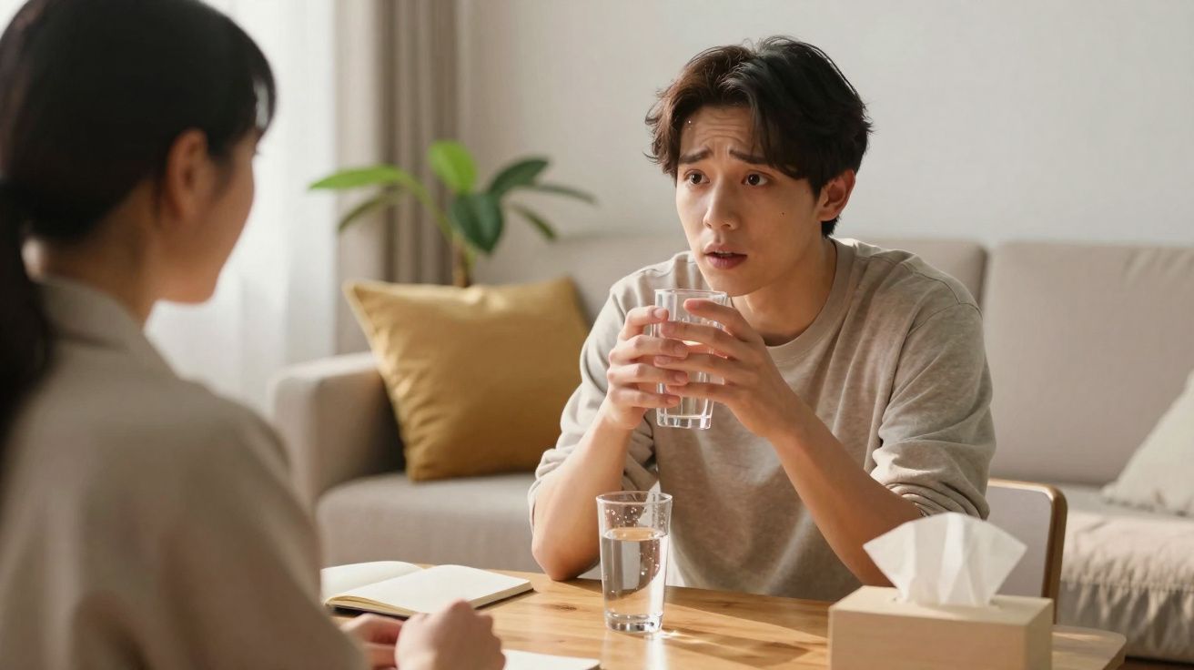 Homem preocupado segurando um copo de água, conversando com mulher num ambiente doméstico acolhedor.