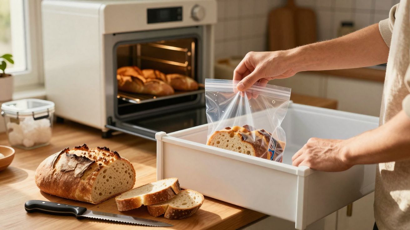 Pessoa a guardar pão fatiado em saco plástico, com forno aberto e pão no balcão da cozinha.