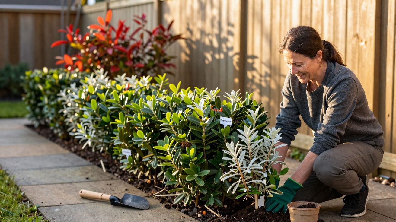 Mulher a cuidar de plantas num jardim junto a uma vedação de madeira num dia ensolarado.