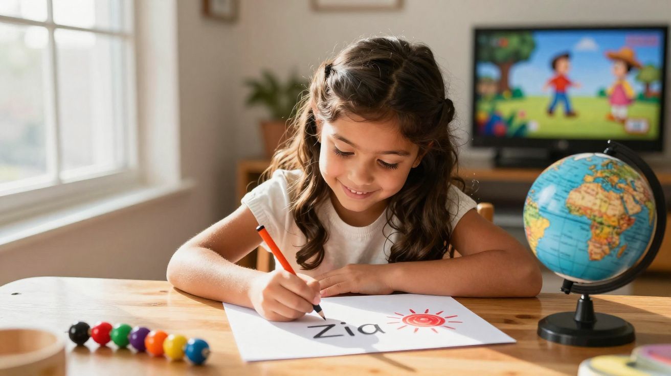 Menina a desenhar e escrever a palavra "Zia" numa folha branca numa mesa com globo terrestre e brinquedo colorido.