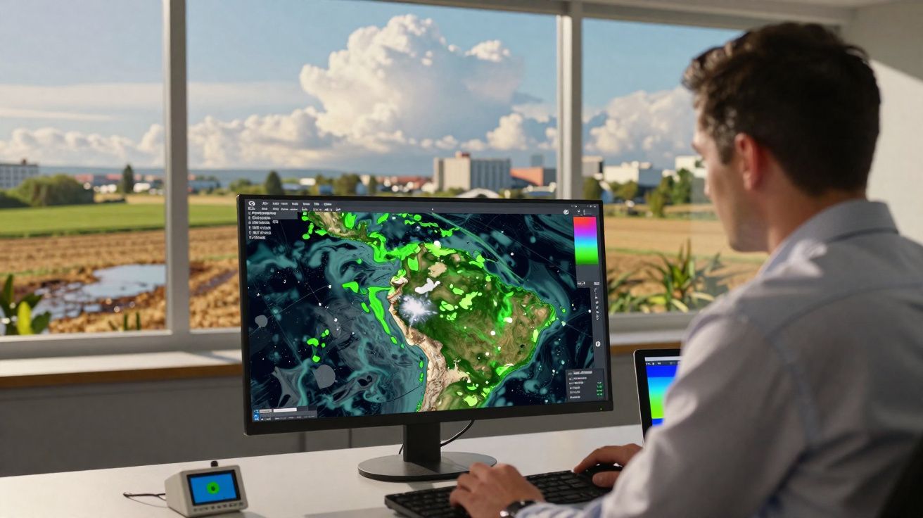 Homem sentado a analisar mapas meteorológicos digitais de América do Sul num monitor, com paisagem vista pela janela.