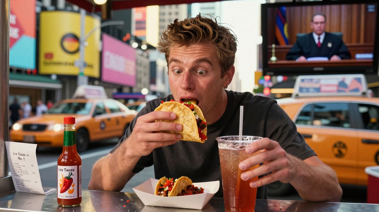 Homem a comer taco sentado numa mesa de rua com bebida e carros amarelos ao fundo.