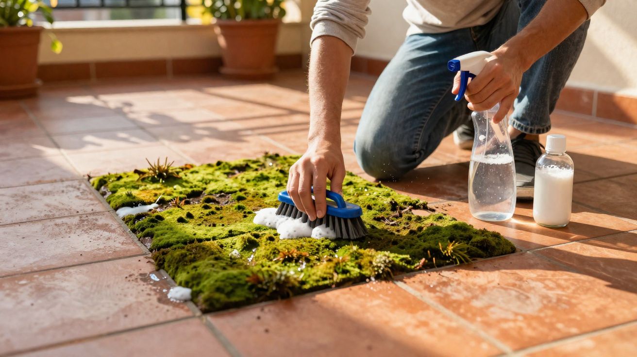 Pessoa a limpar musgo de chão com escova, spray de água e detergente numa varanda com chão de cerâmica.
