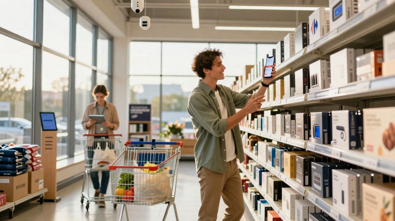 Homem consulta telemóvel ao escolher produto numa loja enquanto mulher faz compras com carrinho ao fundo.