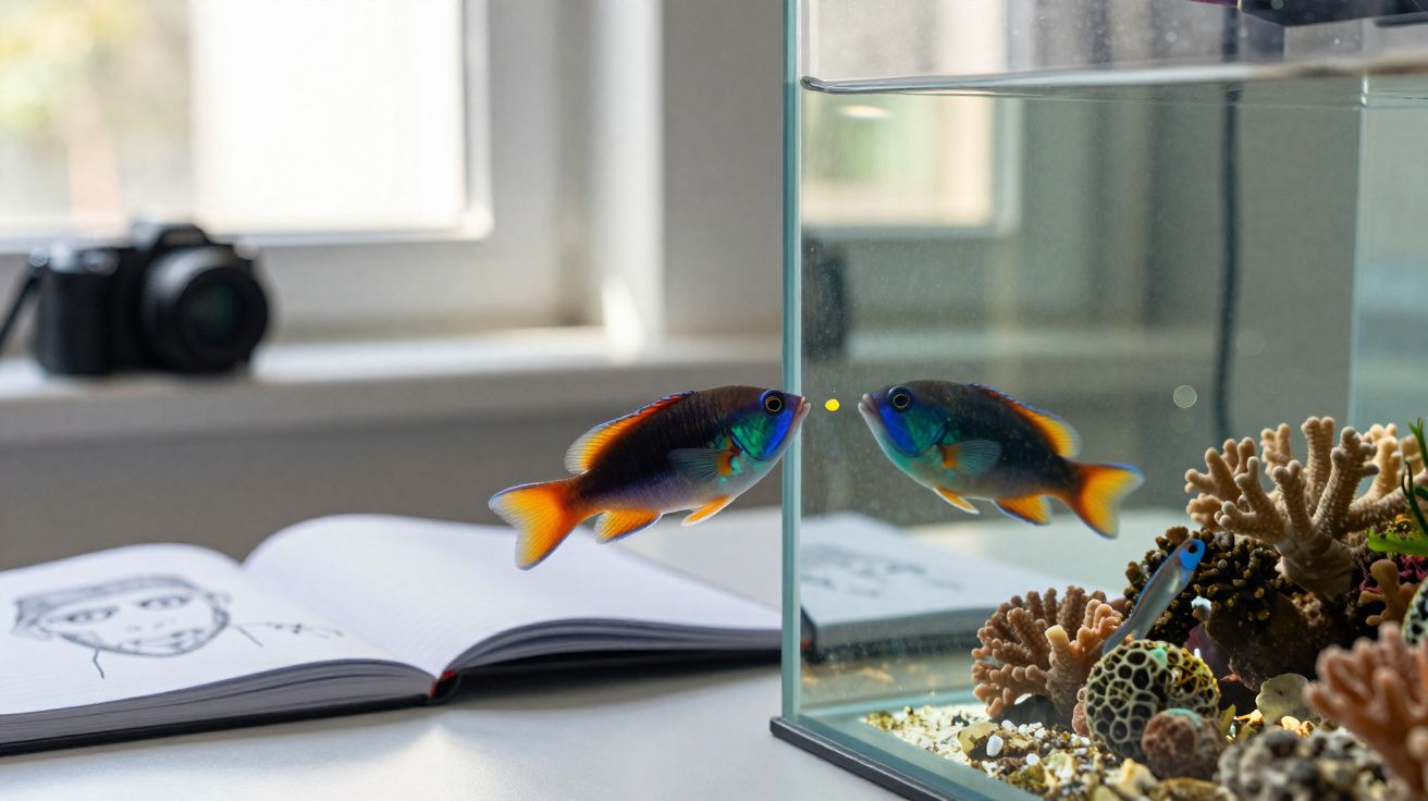 Peixe colorido em aquário a refletir no vidro, com caderno de desenho e câmera desfocados ao fundo sobre mesa.