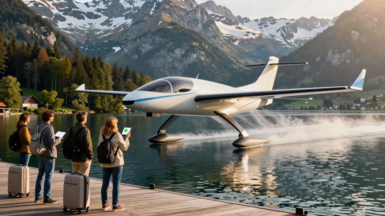 Avião hidrofólio branco a descolar da água com quatro pessoas na margem e montanhas ao fundo.
