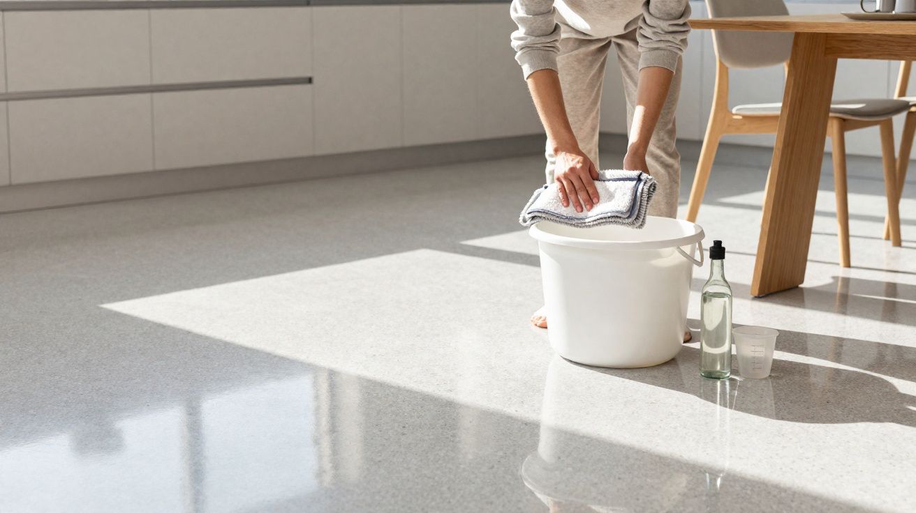 Pessoa a limpar chão de cozinha com esfregona e balde branco em piso claro e brilhante.