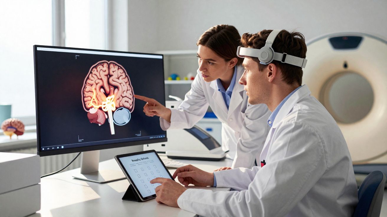 Dois médicos em laboratório analisam imagens cerebrais num ecrã e dados numa tablet.