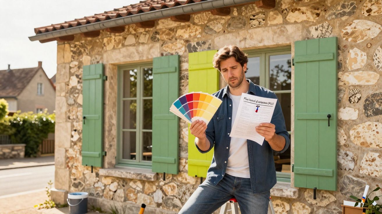 Homem a escolher cor para pintar a parede exterior de uma casa em pedra com janelas e estores verdes.