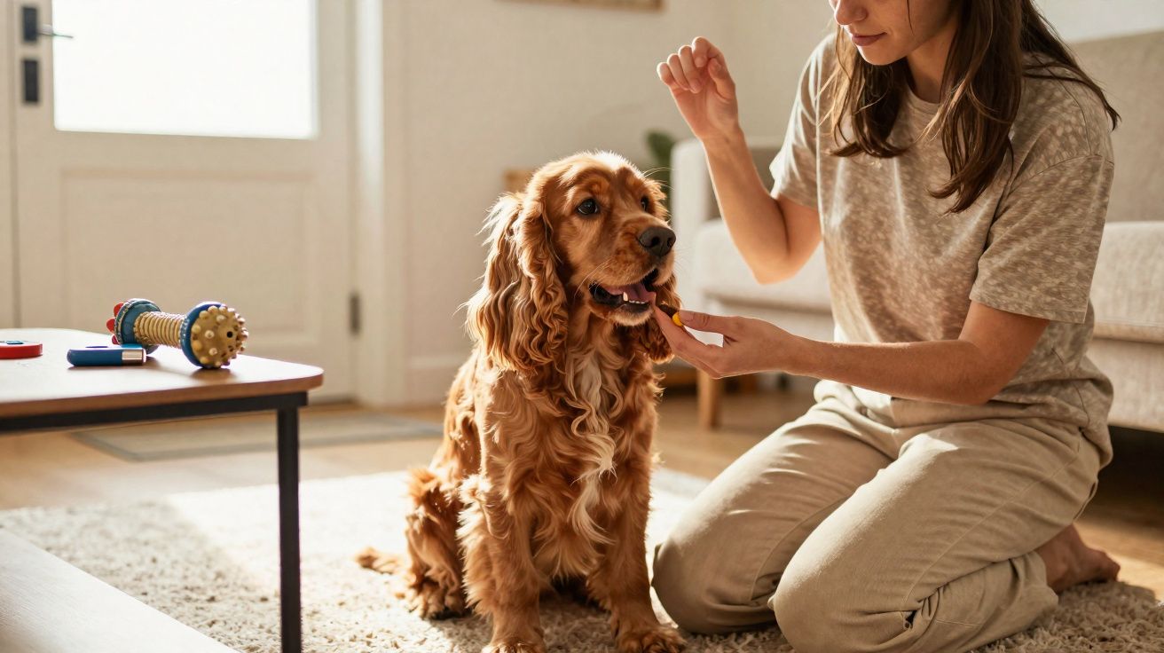 Mulher a dar um petisco a um cão castanho sentado numa sala iluminada com tapete e mesa baixa.