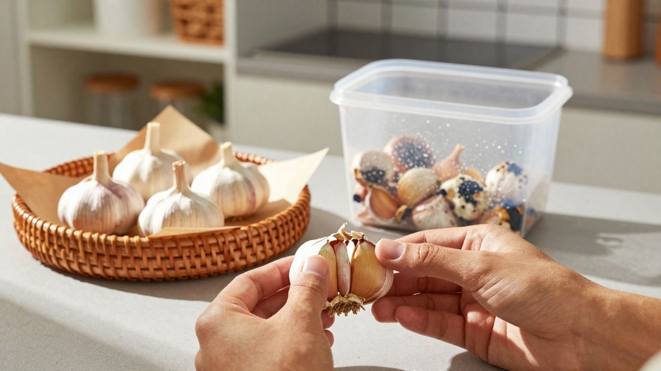 Mãos a descascar um dente de alho junto a um cesto com vários alhos e uma caixa plástica na bancada da cozinha.