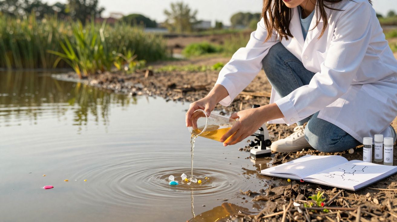 Cientista a recolher amostra de água num lago para análise com caderno e frascos na margem.