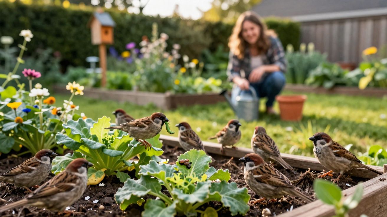 Pardais a comer numa horta com uma mulher sorridente ao fundo com um regador.