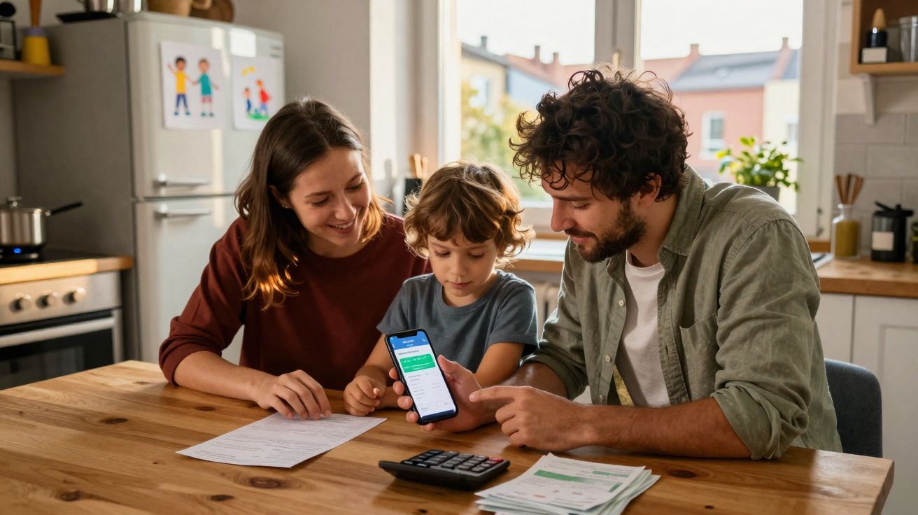 Família sentada à mesa da cozinha a gerir contas e usar uma aplicação no telemóvel.